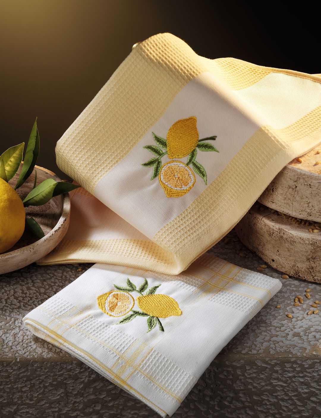 Luvilavant Limon Nakışlı Ekose  Sarı Beyaz Renkli  Mutfak Bezi 2 Adet