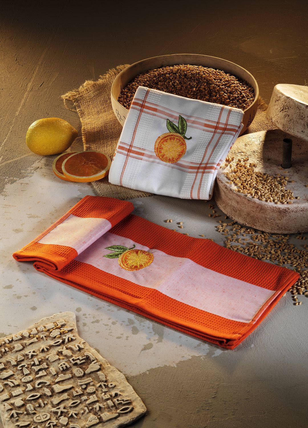 Luvilavant Portakal Nakışlı Ekose Turuncu Beyaz Renkli Mutfak Bezi 2 Adet