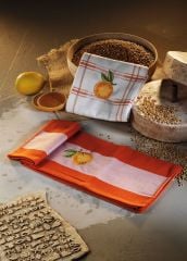 Luvilavant Portakal Nakışlı Ekose Turuncu Beyaz Renkli Mutfak Bezi 2 Adet