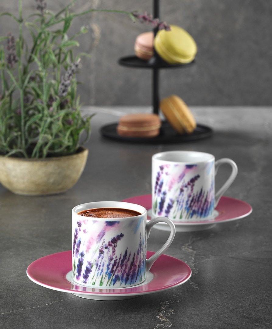 Kahve Fincanı 2'li Mor Lila Renkli Lavanta Desenli