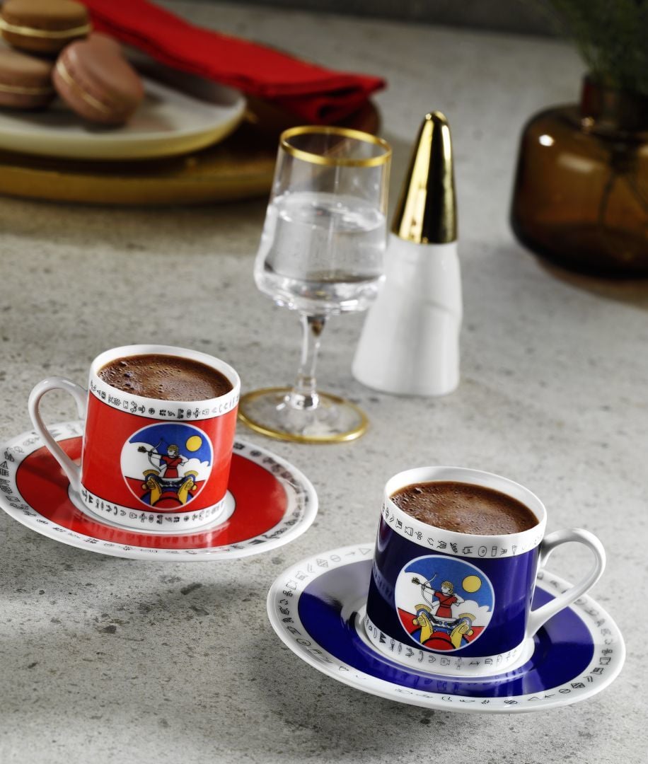 Luvilavant Kahve Fincanı 2’li Kırmızı Mavi Renkli Antik Çağ Anadolu Medeniyetleri Desenli