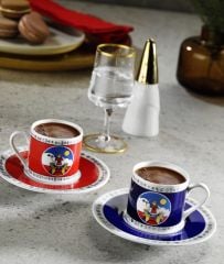Luvilavant Kahve Fincanı 2’li Kırmızı Mavi Renkli Antik Çağ Anadolu Medeniyetleri Desenli