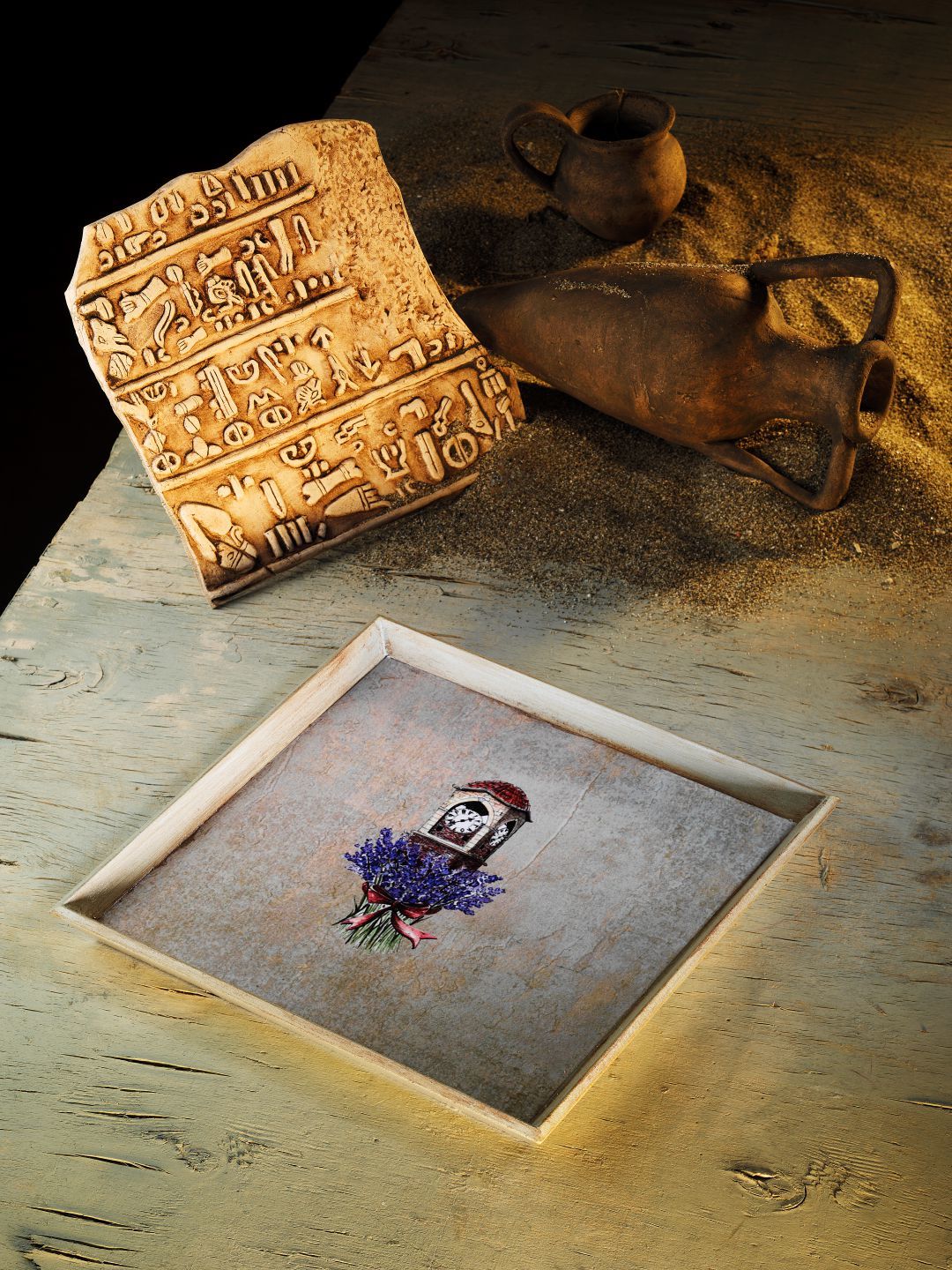 Luvilavant Büyük Saat Desenli Kare Ihlamur Yeşili Renkli Ahşap Kare Tepsi