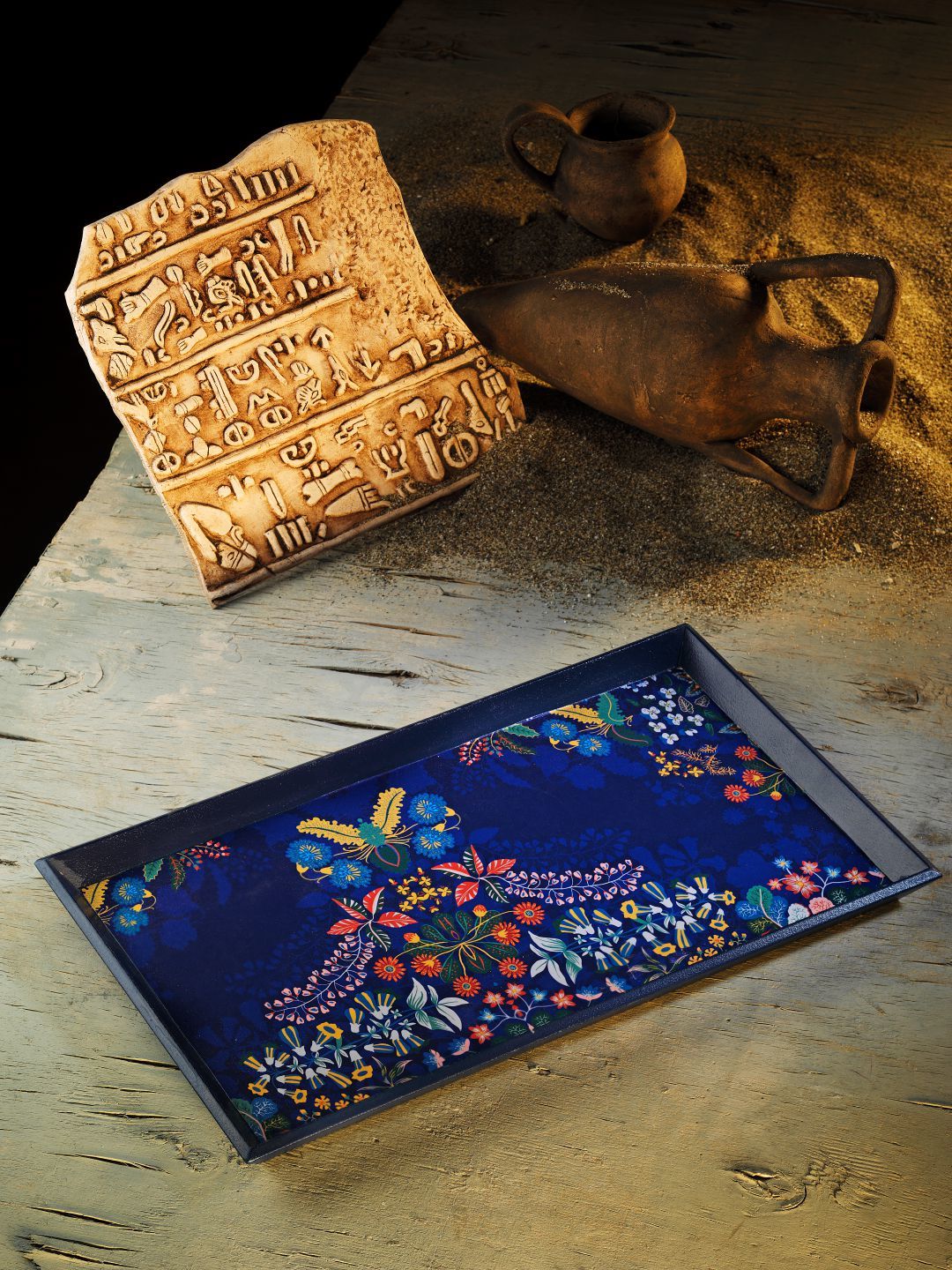 Luvilavant Dioscorides Şifalı Bitkiler Desenli  Mavi Renkli Ahşap Dikdörtgen  Tepsi